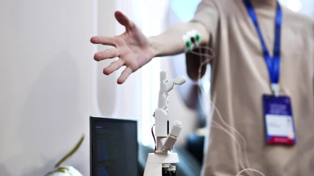 Human arm controlling robotic hand through EMG sensors at technology exhibition
