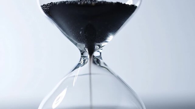 Closeup of an hourglass with black sand flowing down symbolizing the passage of time deadlines and the concept of time running out in a stark minimalist setting. - Powered by Adobe