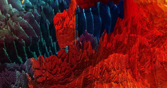 Moving voxel mountains creating futuristic terrain surface. Abstract 3D background animation.