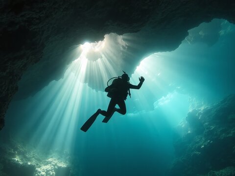 A scuba diver swims towards the light filte through an underwater cave opening, explo the depths of the ocean with fins and a regulator at great depths.