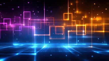 Clean energy grid improvement concept. A vibrant digital background featuring glowing squares in shades of blue, purple, and orange, creating a futuristic and dynamic atmosphere.