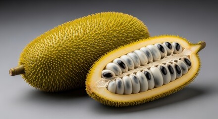 Naklejka premium Spiky yellow fruit with unique white and black seeds on gray background