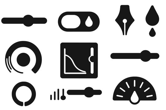 Ink Parameter Icons. Solid style icons of customizable ink parameters: thickness slider, detail toggle icon, symmetry dial badge.
