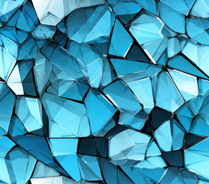 Vibrant abstract mosaic of shattered blue crystal shards with sharp geometric facets and luminous light effects - Powered by Adobe