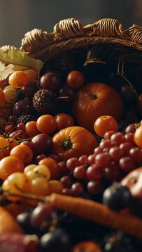 Vertical video: Opening camera panning over tabletop cornucopia with grapes tomatoes berries gourds