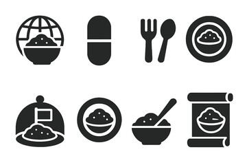 Cultural Food Capsules. Solid style icons of cultural food capsules: ethnic dish globe, regional capsule icon, culinary identity