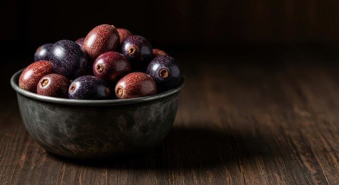 Fresh grapes in dark bowl on wooden table - vibrant red and purple fruit - Powered by Adobe