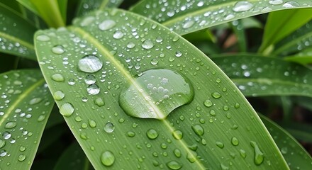 Close up of water droplets on a vibrant green leaf after rain.