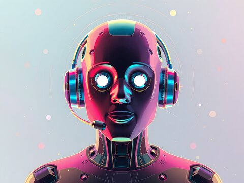 An advanced futuristic artificial ligence robot with glowing eyes wears a headset with a microphone in a vibrant and colorful digital illustration.