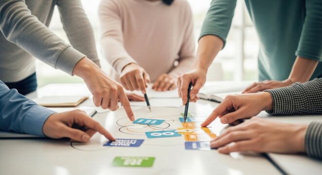 Business collaboration setup featuring hands pointing at strategy workflow on desk. Business collaboration, planning, teamwork, and meeting in modern office, focusing on strategy workflows.