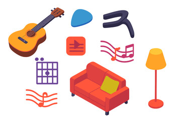 Sound Therapy Essentials. Isometric vector illustration set Sound therapy – acoustic guitar, soft pick, capo; chord diagram, strum
