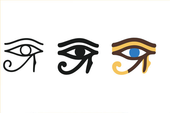 Varied Eye of Horus. Minimalist eye of horus icon: three identical Eye of Horus icons in a row, first in line style with thin