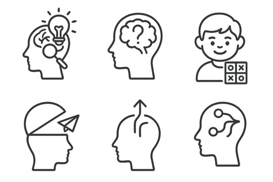Curiosity Icons. Line style icons of curiosity and exploration: exploring brain lightbulb, question mark in brain, learning