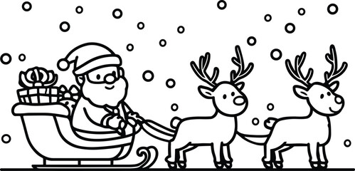 Cute Santa Claus riding sleigh with reindeer, Christmas holiday illustration, snowfall background, festive winter drawing, black and white line art