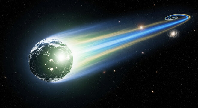 Vibrant cosmic comet with swirling multi-colored tail illuminates the dark expanse of space, a luminous celestial body in a starry universe