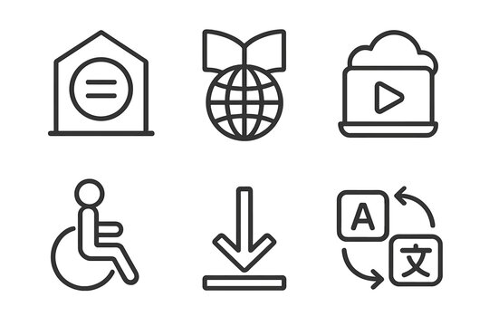 OER Accessibility Icons. Line style icons of equity and access in OER: equal access icon, global learning symbol, internet for