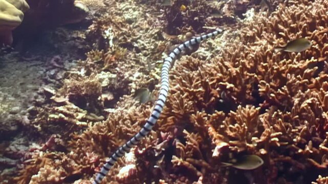 A striking black and white banded sea krait gracefully swims through a vibrant coral reef ecosystem. The snake searches among the coral and fishes during the day in its natural habitat.