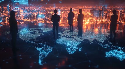 Silhouettes of business people standing on a world map with city lights in the background