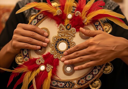 Musicians hands playing a beautifully decorated traditional tambourine with feathers.