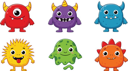 Cute colorful monster cartoon characters set, funny fantasy creatures vector illustration collection, adorable alien mascots, isolated on white background