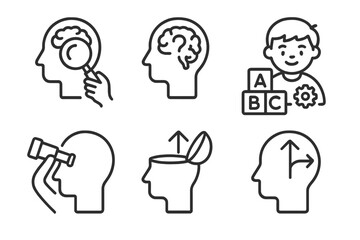 Curiosity Icons. Line style icons of curiosity and exploration: exploring brain lightbulb, question mark in brain, learning