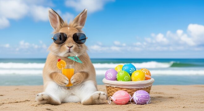 A cute rabbit in sunglasses enjoys a tropical cocktail on a sandy beach. Colorful Easter eggs in a nearby basket add to the cheerful, holiday atmosphere.