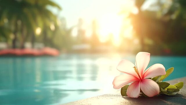 Tropical luxury resort pool with palm defocused sunset, faceless vacation paradise, resort visualization detail, blurred flower background, promotion concept, travel interface, ret
