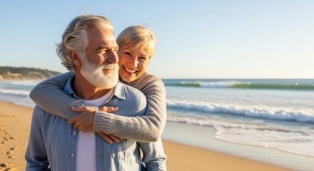 A smiling senior couple embraces on a sandy beach, with the ocean and blue sky in the background. They appear to be enjoying a peaceful vacation together.