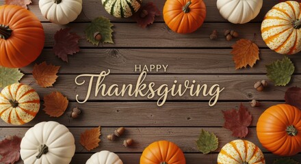 Rustic wooden background with autumn pumpkins, gourds, and leaves surrounding 'Happy Thanksgiving' text. Warm and festive Thanksgiving imagery.