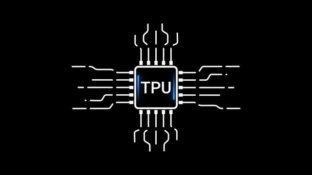 TPU chip processor with glowing blue text and circuit board connections on black background Tensor Processing Unit