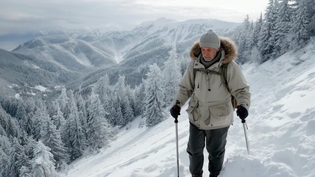 日本人高齢男性が雪山で歩く