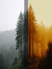 A Divided Forest Scene Featuring Tall Trees with Varying Light and Color, Abstract and Serene