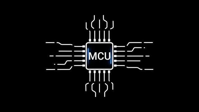 MCU chip processor with glowing blue text and circuit board connections on black background Microcontroller Unit