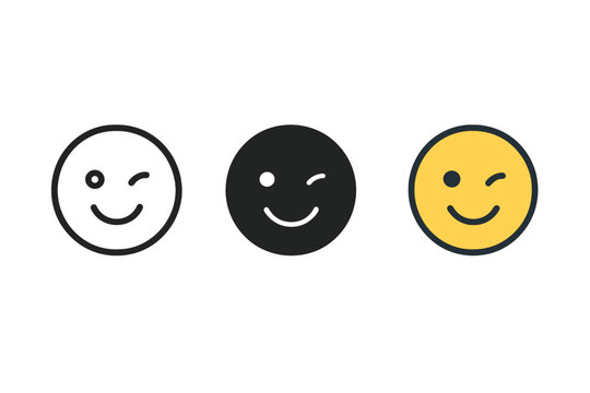 Winking Face Trio. Minimalist wink icon: three identical faces with one eye winking in a row, first in line style with thin
