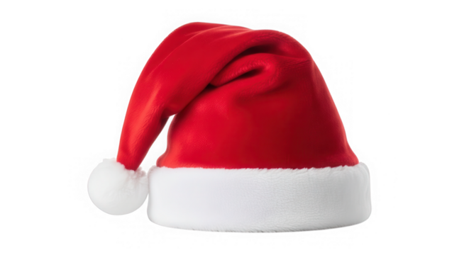 Red santa hat with white trim and pompom, isolated on transparent background