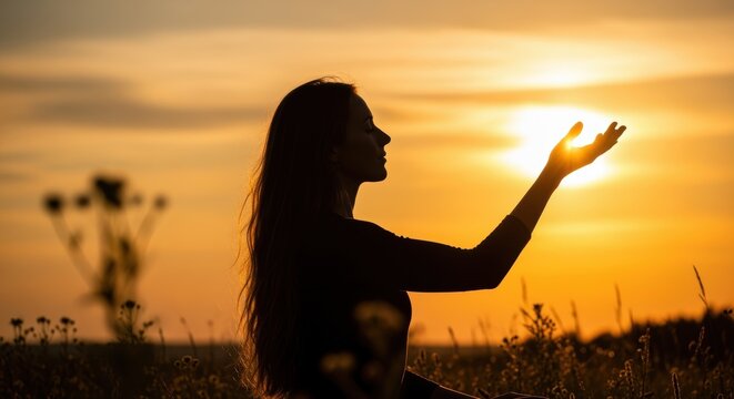 A silhouetted figure of a woman with long hair raises her arm towards the setting sun, creating a peaceful and reflective moment in the warm golden light of the evening sky.