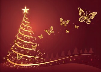 Golden christmas tree with sparkling lights and enchanting butterflies on a rich red background