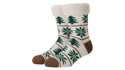 Cozy knitted christmas sock with festive green tree and snowflake pattern isolated on transparent background