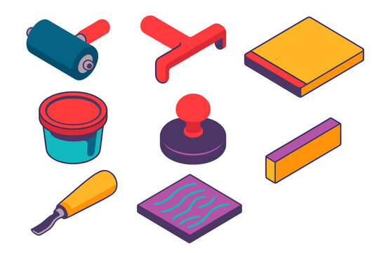 Bold Printmaking Tools. Isometric vector illustration set Art supplies &ndash; printmaking brayer, ink roller, brayer handle; printing