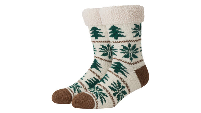 Cozy knitted christmas sock with festive green tree and snowflake pattern isolated on transparent background - Powered by Adobe