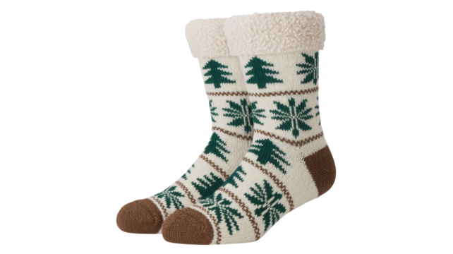 Cozy knitted christmas sock with festive green tree and snowflake pattern isolated on transparent background
