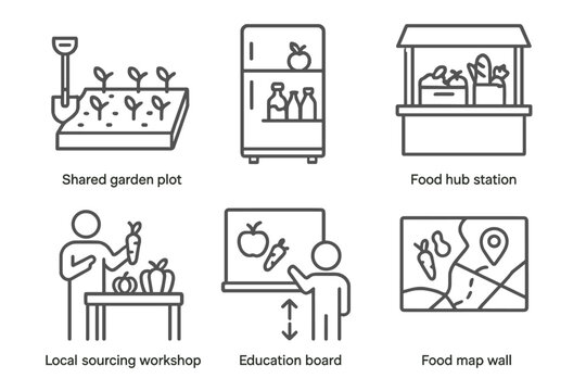 Neighborhood Food Icons. Line style icons of neighborhood food initiatives: shared garden plot, community fridge, food hub station