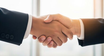 Two business people shaking hands, sealing a deal or agreement. The image shows a close-up view of the handshake, highlighting the formal attire and professional setting.