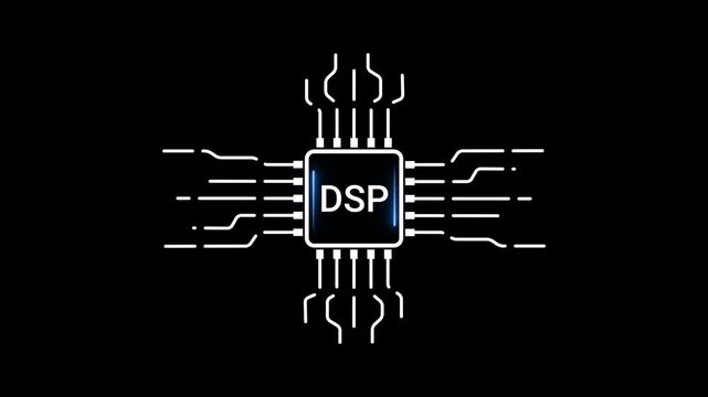 DSP chip processor with glowing blue text and circuit board connections on black background Digital Signal Processor