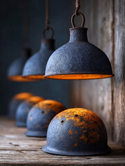 A Row of Rustic Metal Pendant Lights with Warm Glow in Old Wooden Interior Setting