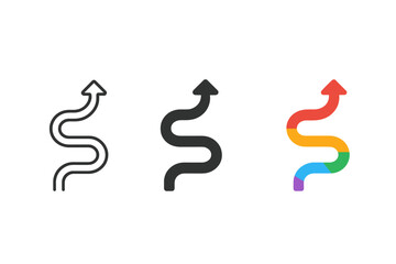 Minimalist Rainbow Paths. Minimalist rainbow path icon: three identical winding rainbow paths in a row, first in line style with