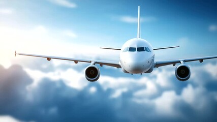 White airplane flying in blue sky defocused clouds, faceless aviation banner, flight visualization detail, blurred cloudscape background, travel concept, company interface, web dis