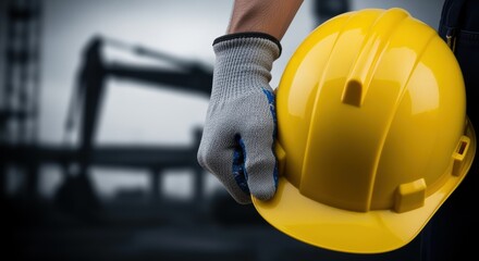 A construction worker in protective gear holds a yellow hard hat on an active work site with industrial machinery.