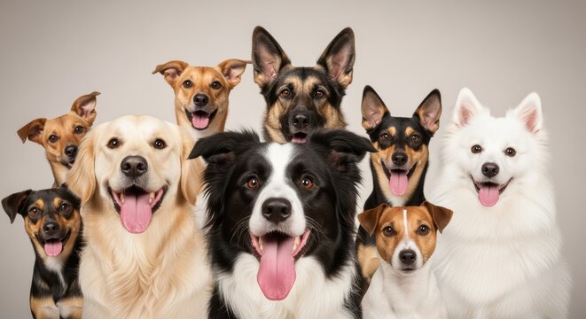 Joyful pack of diverse dog breeds, including golden retrievers, German shepherds, and mixed-breed pups, all happily gazing at the camera with playful tongues out, creating a warm and inviting image.