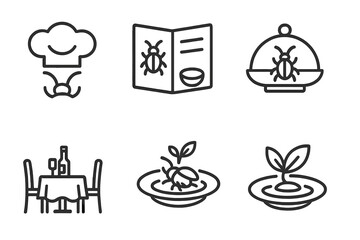 Gourmet Insect Cuisine Icons. Line style icons of restaurant elements: insect chef hat, bug cuisine menu, tasting plate, upscale